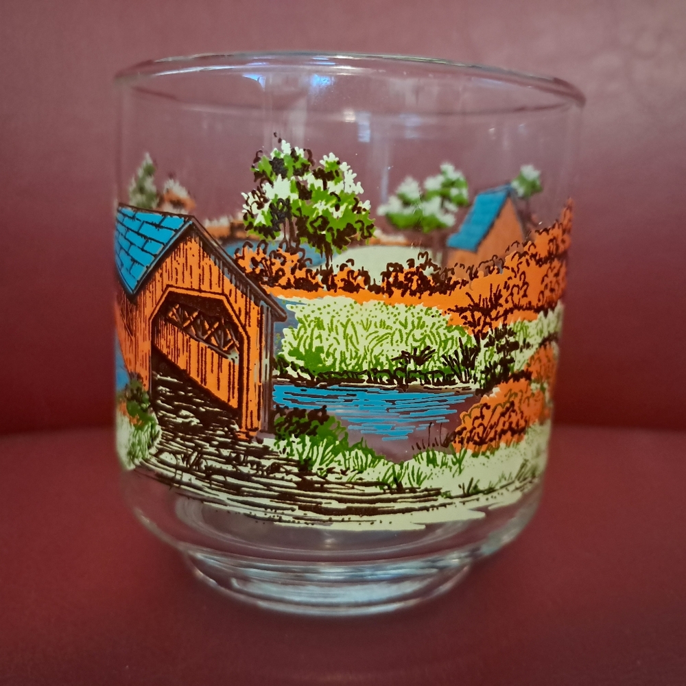Vintage Libbey Glass Covered Bridge Grain Mill and River Design Rocks Glass